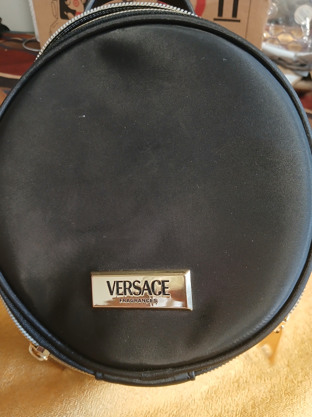 Versace Black Round Mini Crossbody with Gold Logo Plaque